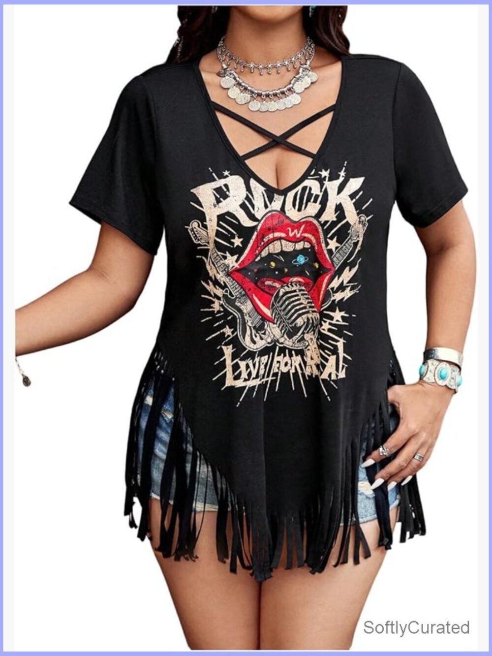 Plus Size Western Graphic Tassel Fringe Tee Cowgirl Concert Top